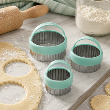 Three mint green and silver fluted pastry cutters with carrying handles arranged on a marble surface with flour-dusted dough, a rolling pin, and baking sheets nearby.