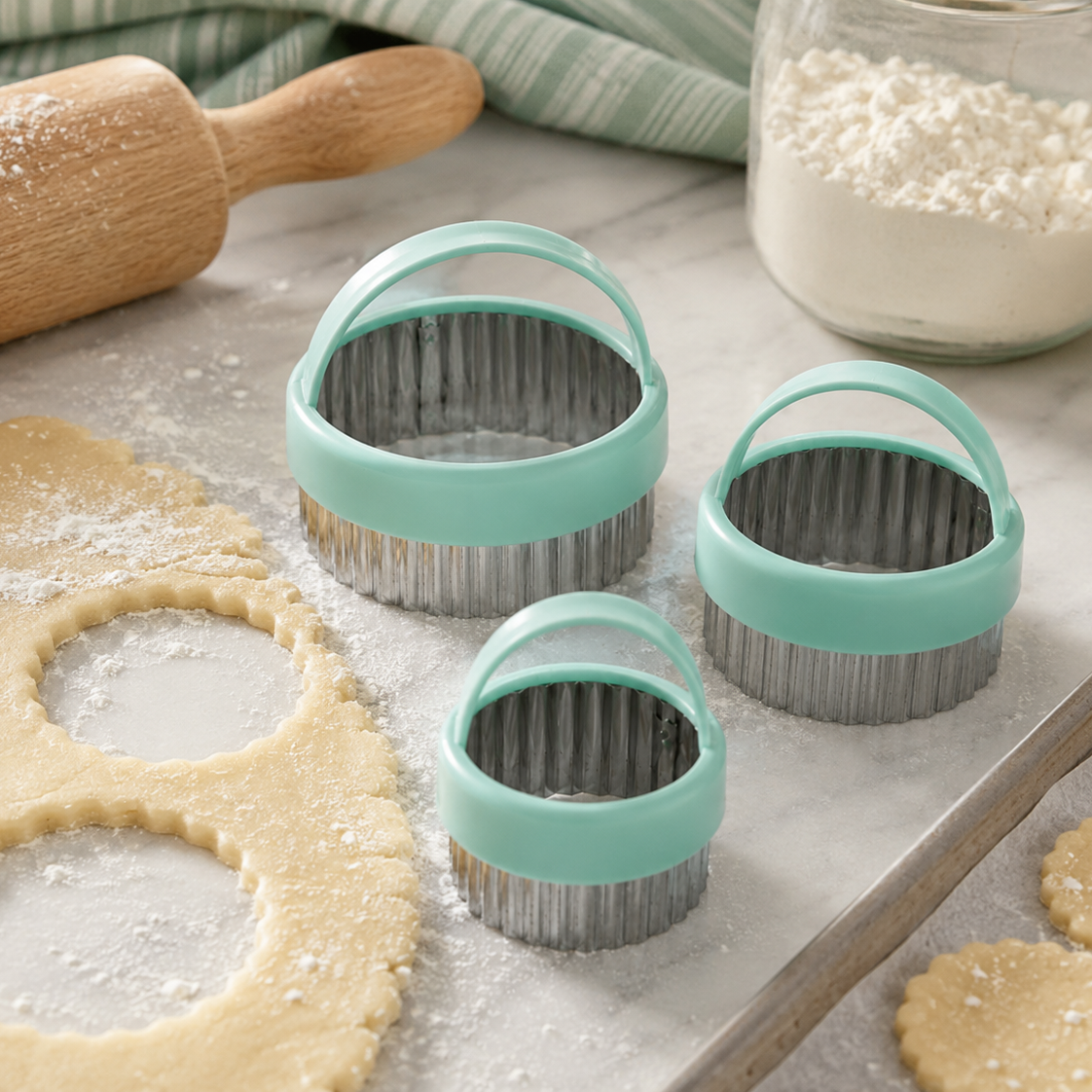 Three mint green and silver fluted pastry cutters with carrying handles arranged on a marble surface with flour-dusted dough, a rolling pin, and baking sheets nearby.